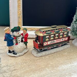 Coca Cola Trolly and Snowman Woman and Man Christmas Village Pieces Vintage